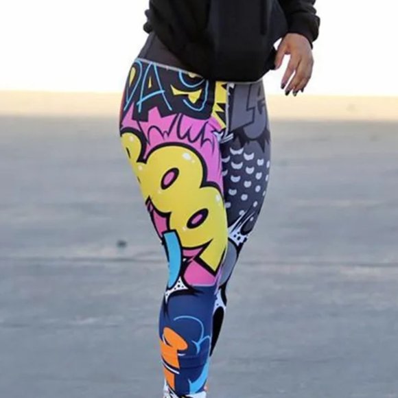 BOOM Colour/Black and White High Waist Graffiti Leggings - Picture 3 of 7